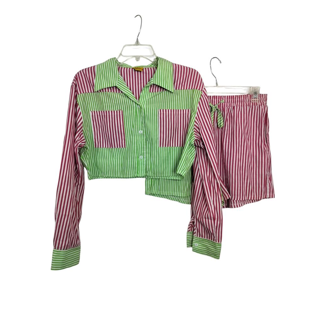 5450)Daisy 2 pcs Vibrant Green Pink Stripe Crop Top (L) with matching Shorts (M)